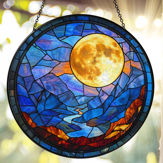 Full Moon Stained Glass Suncatcher, Celestial Window Hanging Decor with Lunar Crater Details, 7.87 Inch Sun Catchers Indoor Window, Mystical Night Sky Gift for Moon Lovers, Women, Men
