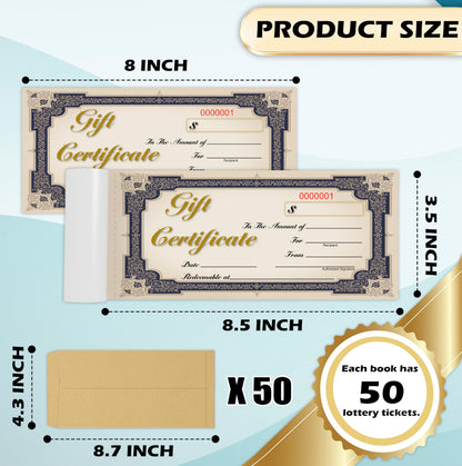50 Sets Gift Certificate Book 8 x 3.6 Inch Vintage 2 Part Carbonless Duplicate with Kraft Envelopes and Serial Numbers for Small Business Salon Spa Retail Restaurant Office (1)