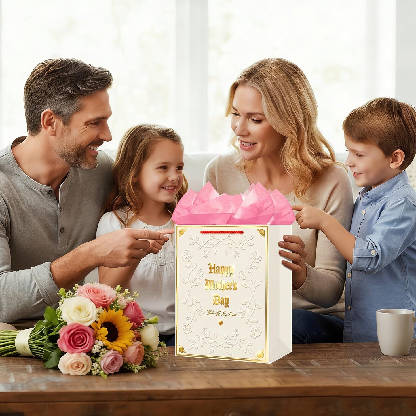 D4DREAM Mothers Day Gift Bag - 11.5'' Medium Happy Mother's Day Paper Gift Bag with Tissue Paper and Handles Elegant Embossed Rose Gift Wrap Bag for Mom Nana Grandma Wife Sister