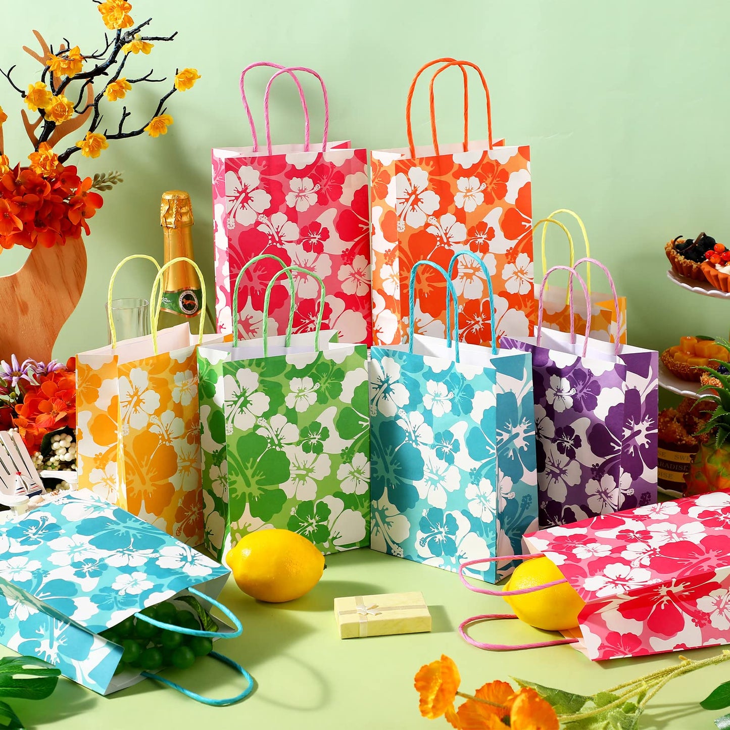 Teling 24 Pcs Hibiscus Party Favor Hawaiian Themed Paper Bags with Handles Summer Tropical Gift Tiki Luau Treat Hawaii Goodie Bags Kids Birthday Party Supplies Multicolor 8.3 x 6 x 3