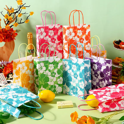 Teling 24 Pcs Hibiscus Party Favor Hawaiian Themed Paper Bags with Handles Summer Tropical Gift Tiki Luau Treat Hawaii Goodie Bags Kids Birthday Party Supplies Multicolor 8.3 x 6 x 3