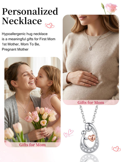 Sereney First Mothers Day Gifts for New Mom Necklace, New Mom Gifts as 1st Mothers Day Necklace for Women, White Gold Plated Hugging Heart Pendant as Hypoallergenic Mother Jewelry for New Mommy