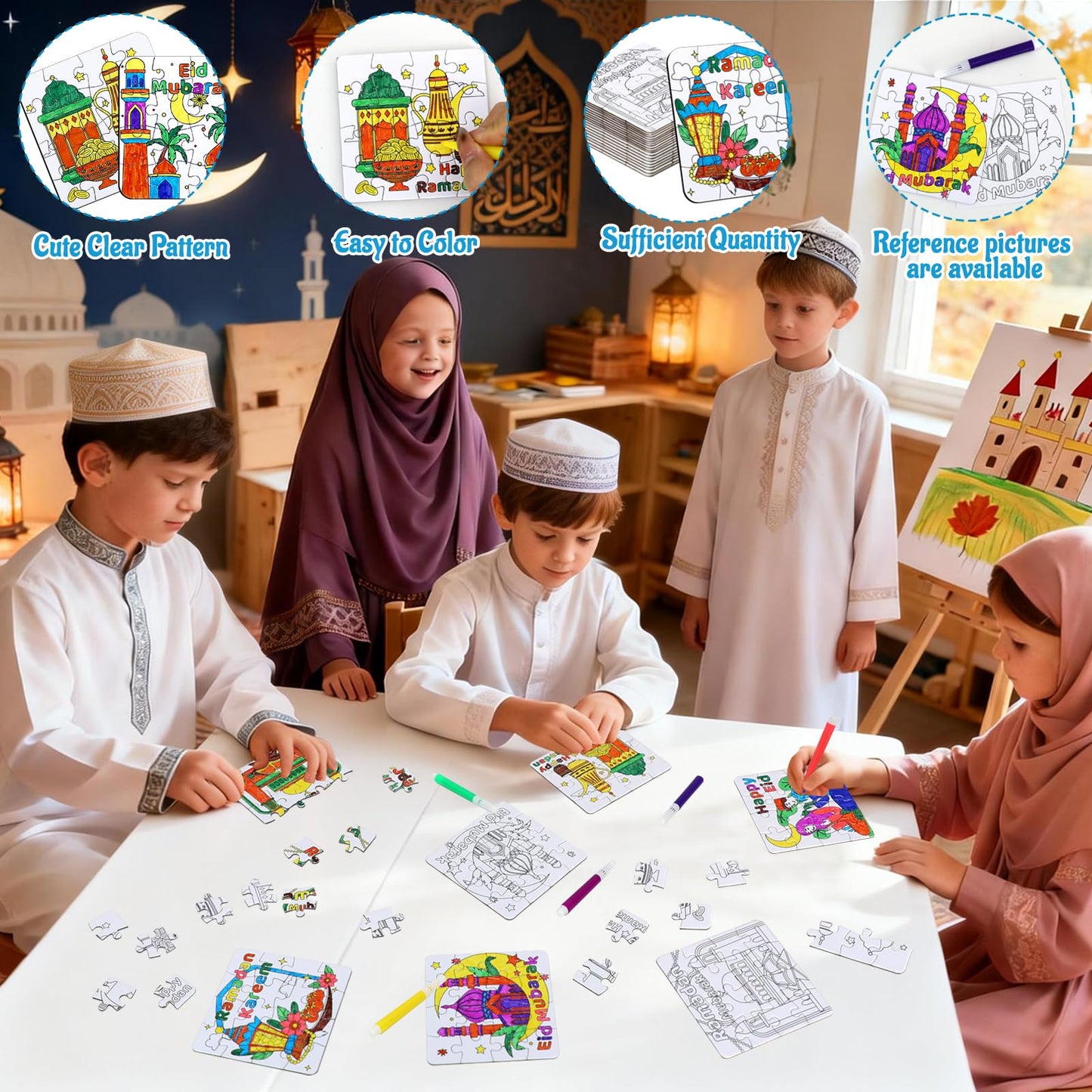 Ramadan Crafts for Kids, Eid Mubarak Arts and Crafts DIY Puzzle with Lanterns, Stars, Masjid, Moon, Castles, Ramadan Eid Activities Painting Kits for Islamic Gifts Party Favors & Goodies Bulk