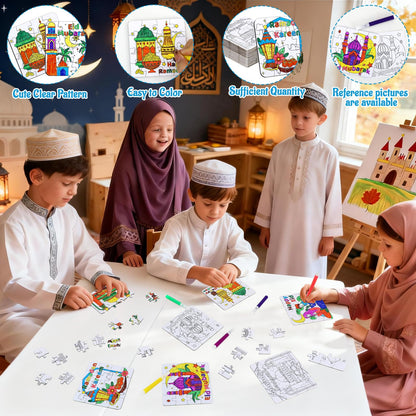 Ramadan Crafts for Kids, Eid Mubarak Arts and Crafts DIY Puzzle with Lanterns, Stars, Masjid, Moon, Castles, Ramadan Eid Activities Painting Kits for Islamic Gifts Party Favors & Goodies Bulk
