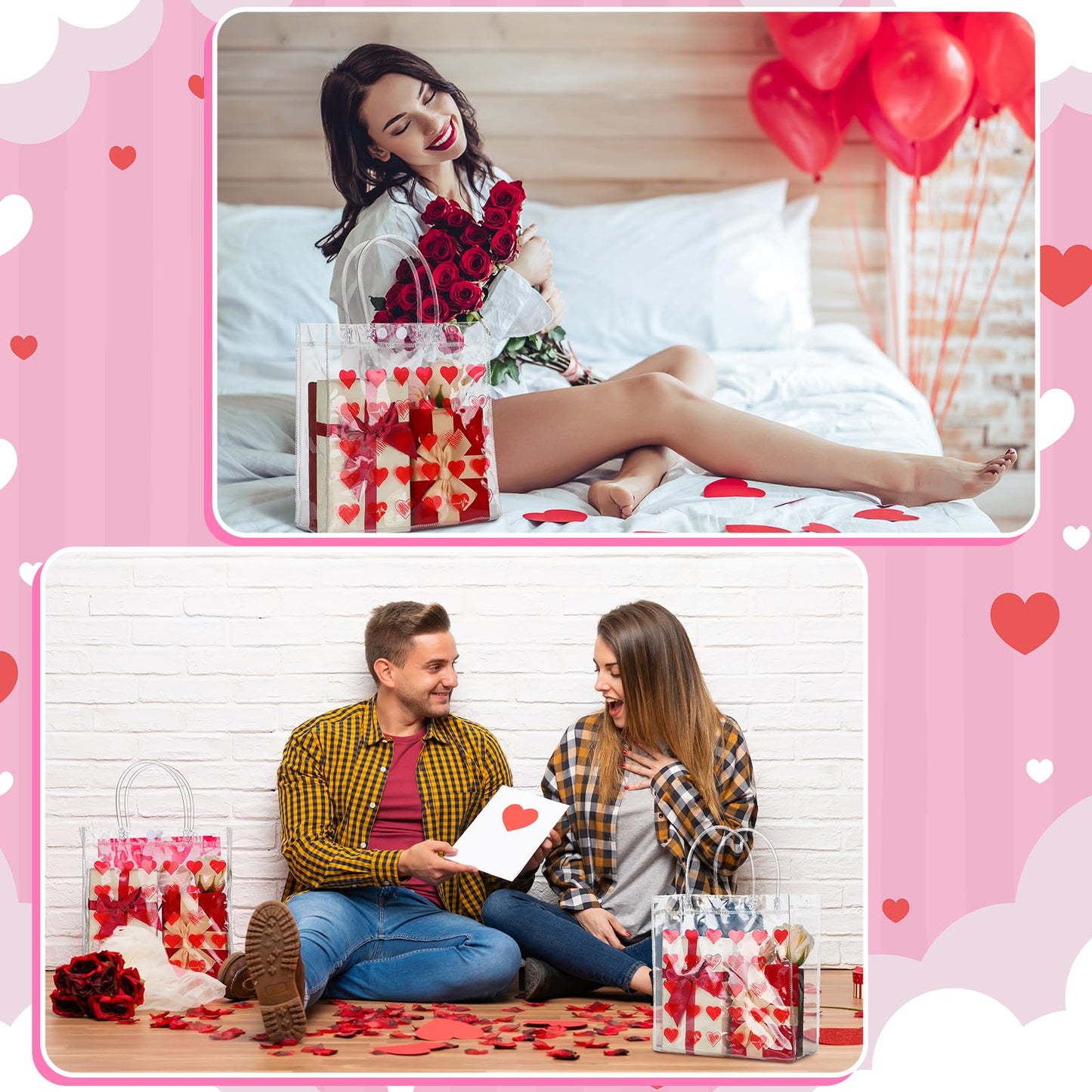 Uiifan 24 Valentines Day Clear PVC Gift Bags Valentines Transparent Heart Sayings Gift Bags with Handle Galentines Day Gifts Reusable Wrap Tote(Red)