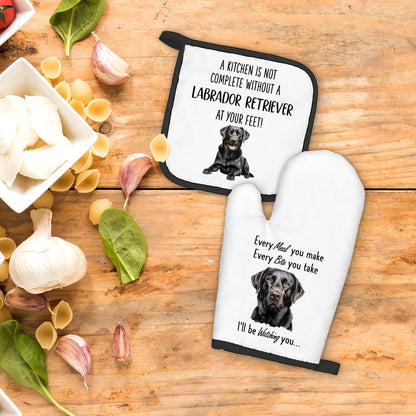 Black Lab Gifts Dog Oven Mitts and Pot Holders Sets, Black Labrador Dog Decor Kitchen Accessories Sets, Complete Without a Labrador Retriever Heat Resistant Oven Glove Potholders for Kitchen