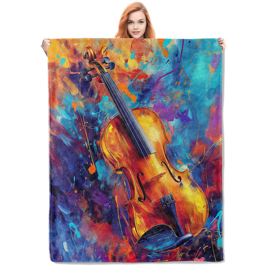 Colorful Violin Throw Blanket Gifts, Soft Cozy Fleece Blanket with Vibrant Musical Instrument Print, Blanket for Couch Bed Sofa, Perfect for Music Lovers and Artistic Decor, 50x60 in