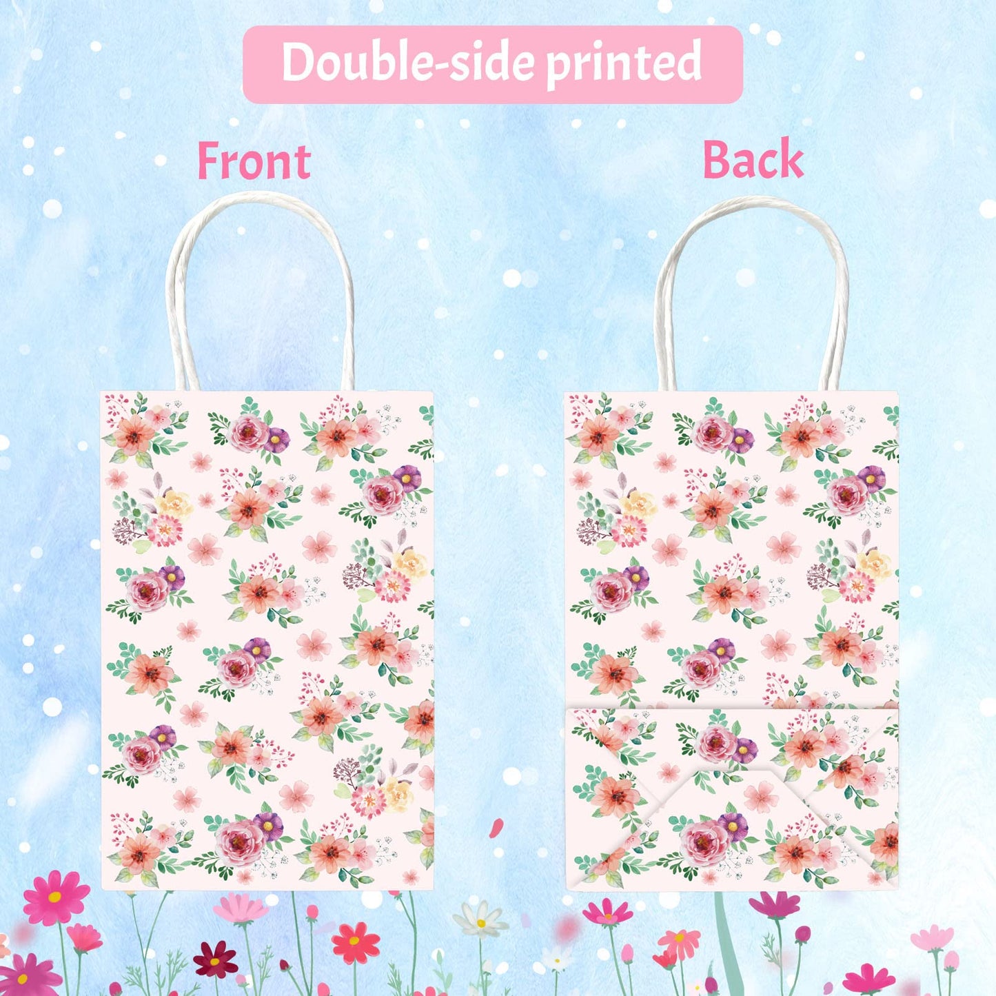 Fancy Land Floral Gift Bags with Handles Spring Paper Party Favor Bag for Wedding Birthday Bridal Baby Shower 24 Pack