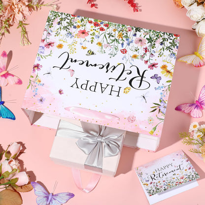 Wildflower Retirement Gift Bag for Women, Retired Gift Bag with Tissue Paper and Card Happy Retirement Gift Wrapping Paper Retired Gifts for Women Farewell Going Away Party Favor Bags Supplies