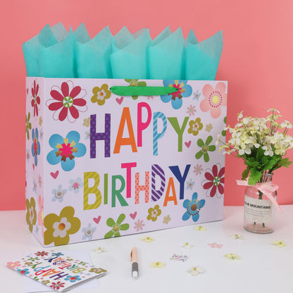 Qirrmiy 16.5” Extra Large Colorful Happy Birthday Gift Bag Set with Handles, Greeting Card, Tissue Papers and Stickers for Kids, Women, Girls, Newborn, New Moms or Parents, 1 Pcs