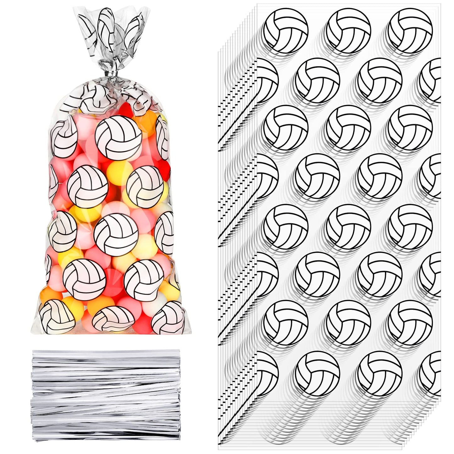 Outus 100 Pcs Volleyball Print Cellophane Bags Volleyball Party Treat Gifts Bags with 200 Pieces Twist Ties for Birthday Party Supplies Goody Favor