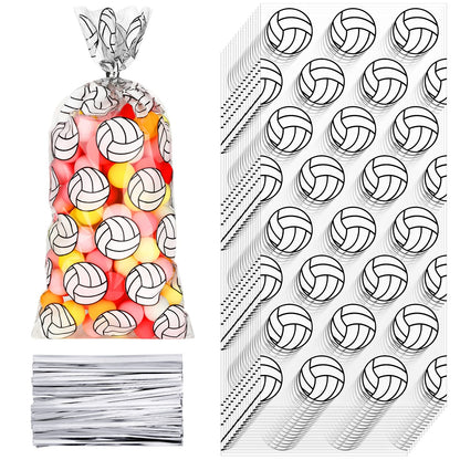 Outus 100 Pcs Volleyball Print Cellophane Bags Volleyball Party Treat Gifts Bags with 200 Pieces Twist Ties for Birthday Party Supplies Goody Favor
