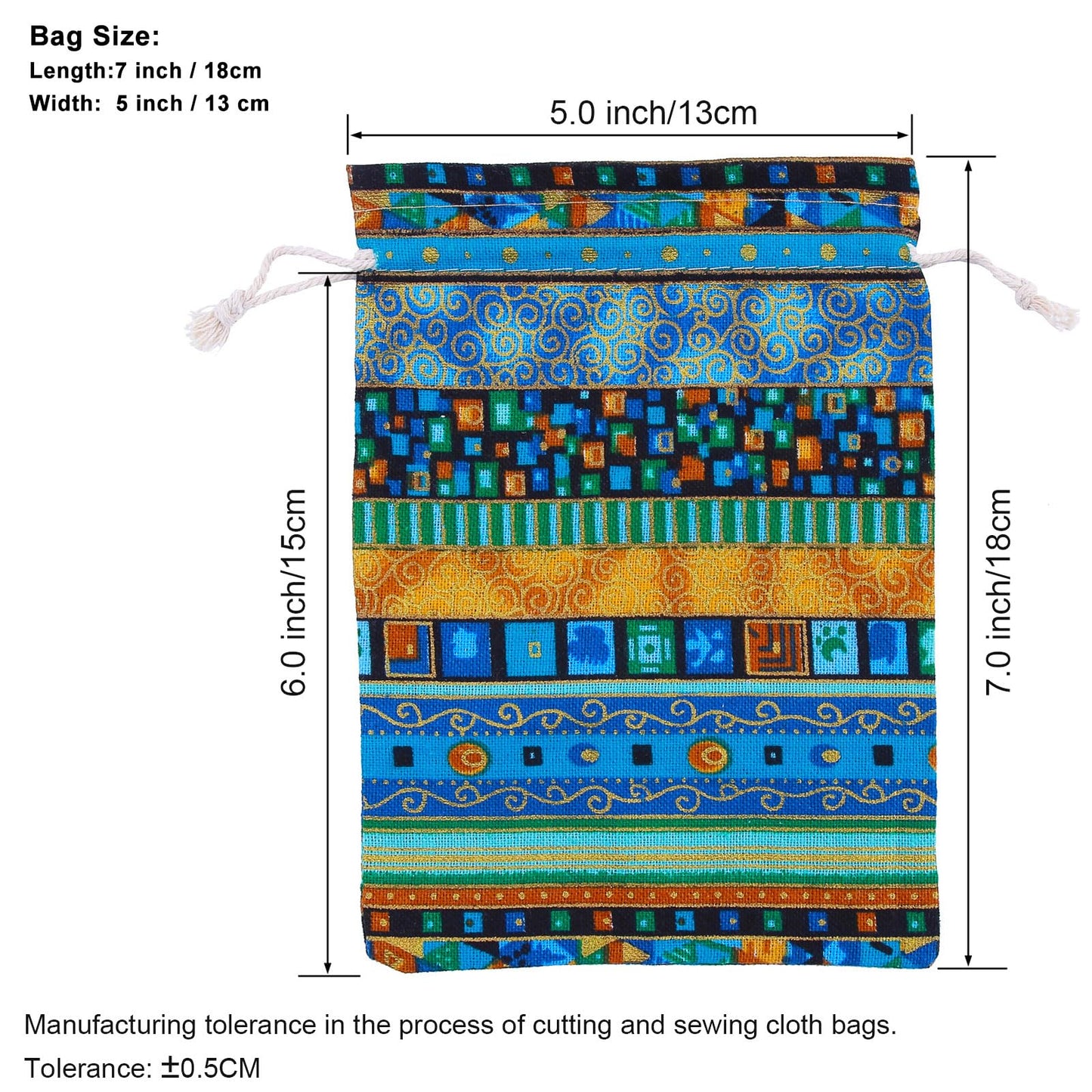 PINOWU Ethnic Style Drawstring Gift Bag 5x7 Cotton Reusable Pouches (12pcs) Jewelry Coin Storage Pouch Eco-Friendly Sachet Bags for Candy Wedding Party Valentine Favors