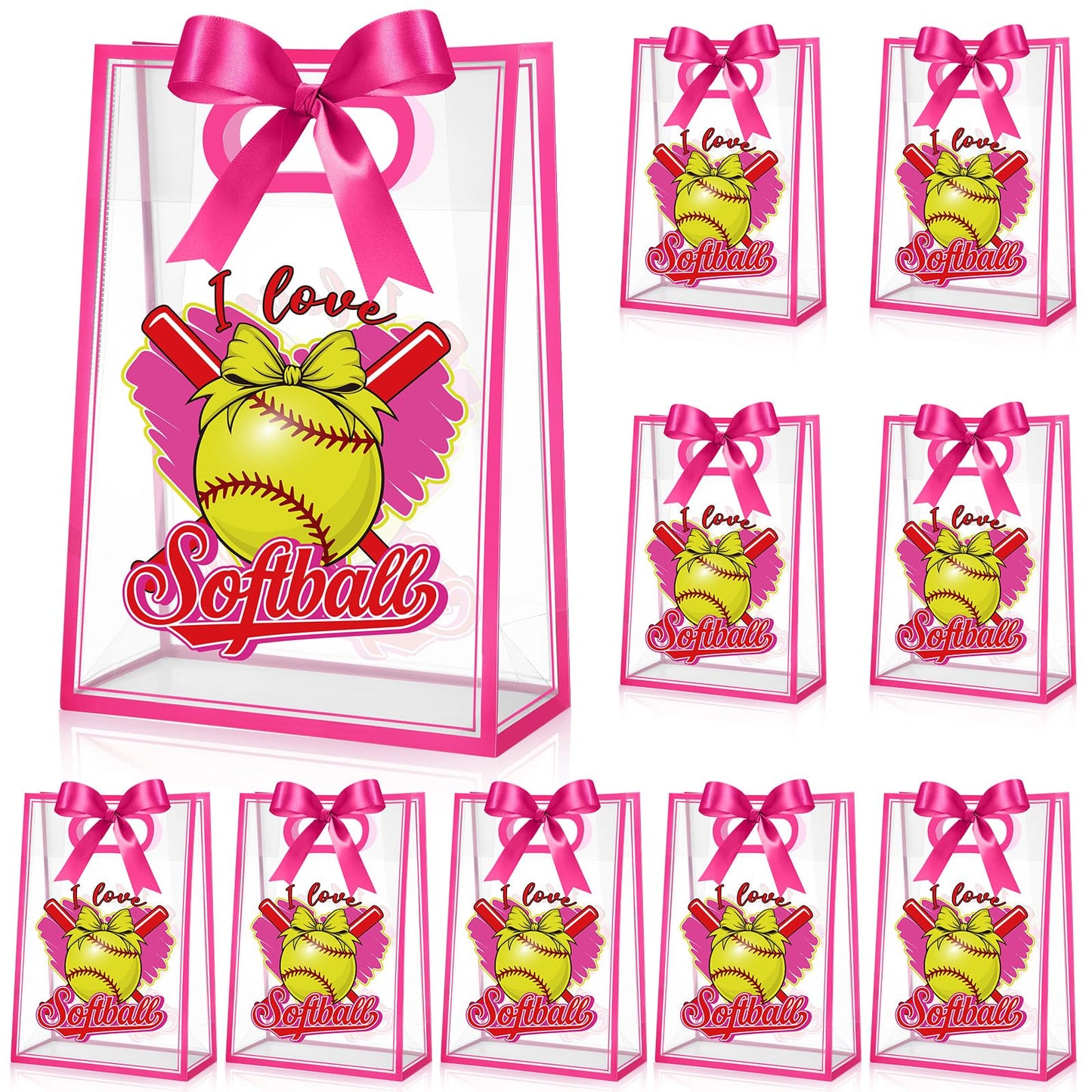 Aliceset 12 Pcs Softball Clear Goodie Bag with Die Cut Handles and Ribbons Sport Theme Party Favor Bags for Softball Team Snack Wrapping Teamer Gifts Birthday Party Treats Supplies, 7x10x3.15 Inch
