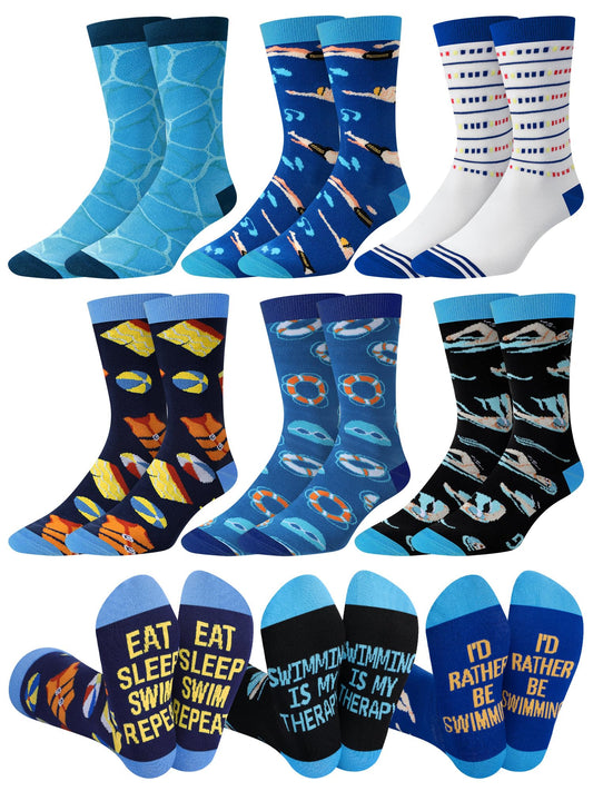 6 Pairs Novelty Sports Gifts for Men Cotton Crew Socks Father Gift for Wrestling Swim Fencing Boxing Dive Lover