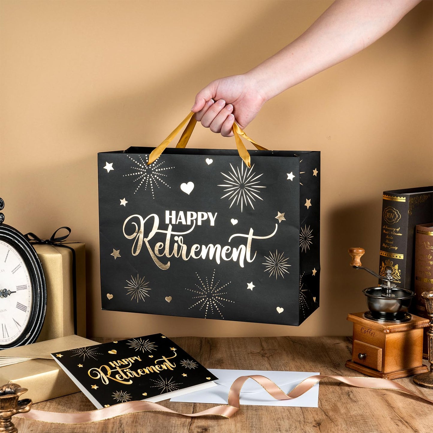 LeZakaa Happy Retirement Gift Bag, Black Goil Foil Hearts Stars Fireworks Design with Tissue Paper and Greeting Card for Men Women, 13" x 10" x 5", 1 Pcs