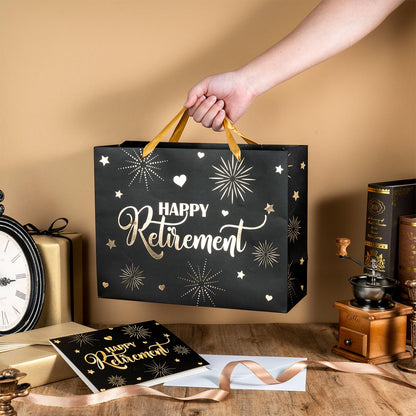 LeZakaa Happy Retirement Gift Bag, Black Goil Foil Hearts Stars Fireworks Design with Tissue Paper and Greeting Card for Men Women, 13" x 10" x 5", 1 Pcs