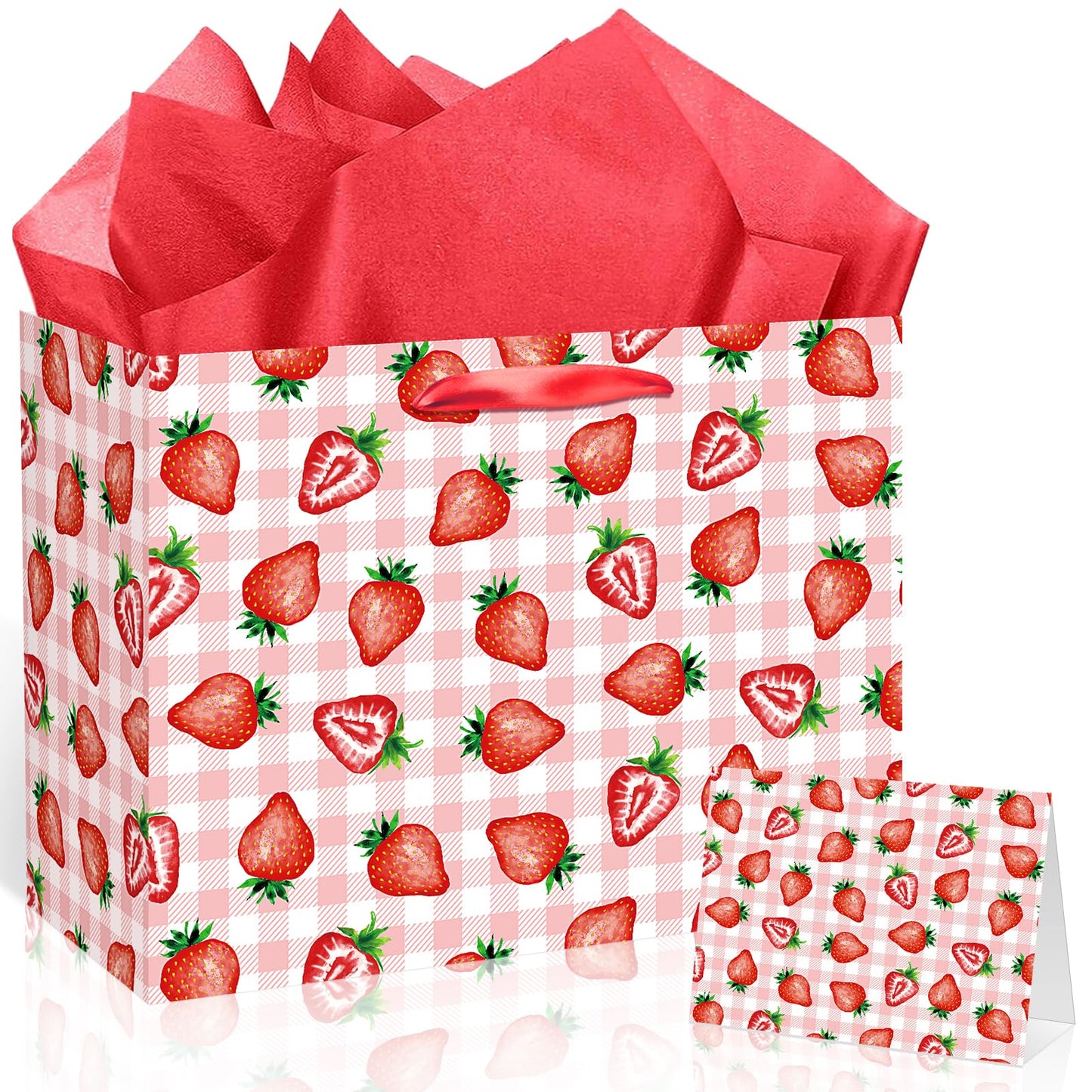Strawberry Gift Bag with Red Tissue Paper & Card Pink Gingham Plaid Gift Wrapping Bag - Berry Sweet Theme Party Supplies for Women Teen Girls 1st Birthday, Baby Shower, Bridal Shower Summer Picnic