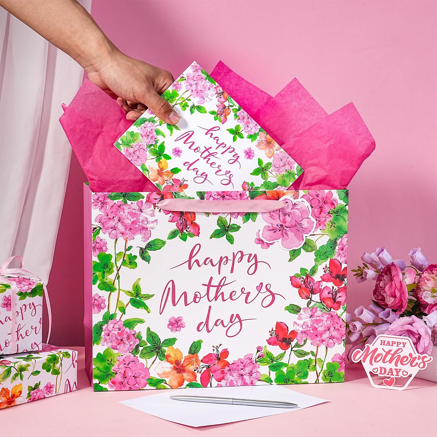 LeZakaa 13" Mother's Day Bag, Pink Floral Happy Mother's Day Bag with Greeting Card Tag & Tissue Paper, Elegant Flower Design Gift Bag for Mom Wife Grandma, 13" x 10" x 5", 1 Pc