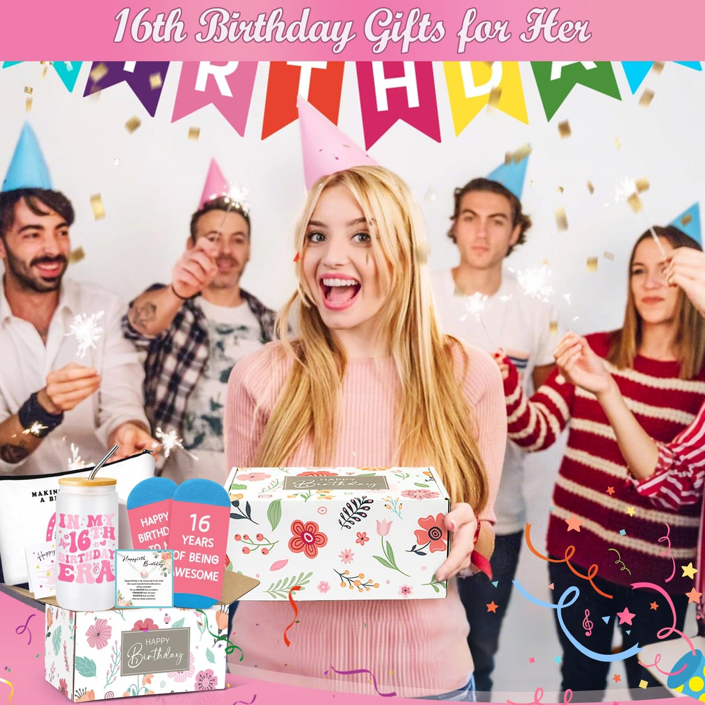Frerdui 16 Year Old Girl Gifts – 16th Birthday Gift Set for Teen Girl, Cute Present Ideas for 16 Year Old Daughter Granddaughter Niece, Trendy 16th Birthday Decorations, Jewelry, Cup & Accessories