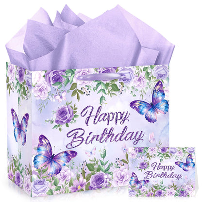 LUUFILx Butterfly Birthday Gift Bag for Girls Women Butterfly Flower Party Favor Bags with Wrapping Paper Card Purple Pink Floral Gift Bag for Baby Shower Birthday Decorations Party Supplies (Floral)