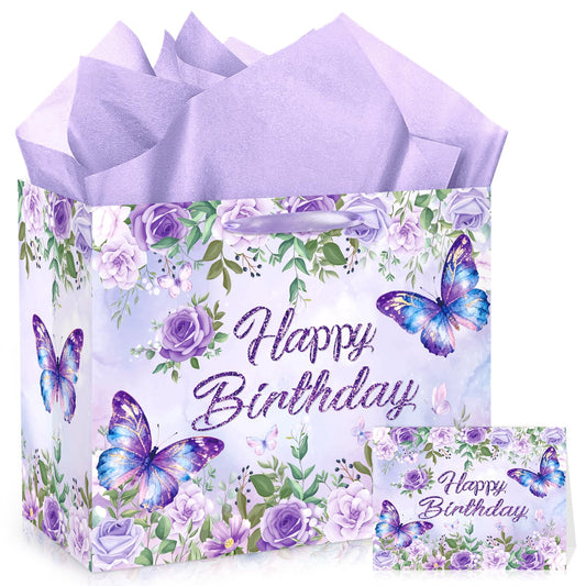 LUUFILx Butterfly Birthday Gift Bag for Girls Women Butterfly Flower Party Favor Bags with Wrapping Paper Card Purple Pink Floral Gift Bag for Baby Shower Birthday Decorations Party Supplies (Floral)