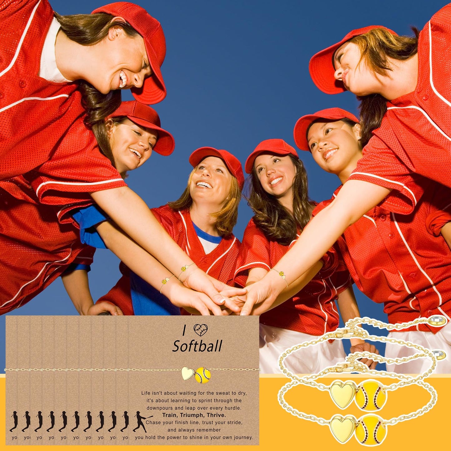 Tondiamo 12 Sets Baseball Volleyball Softball Soccer Tennis Bracelet for Women Dainty Gold Plated Heart Bracelets Sport Lovers Gifts with Inspirational Cards Sports Jewelry Gifts