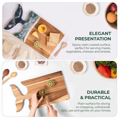 Whale Tail Serving Board, 15"x 7.9" Acacia Wood Ocean Resin Art Charcuterie Cheese Tray for Meal Prep, Fruit or Meat Display, Cutting Board on Back, Unique Gift for Women, Housewarming Gift