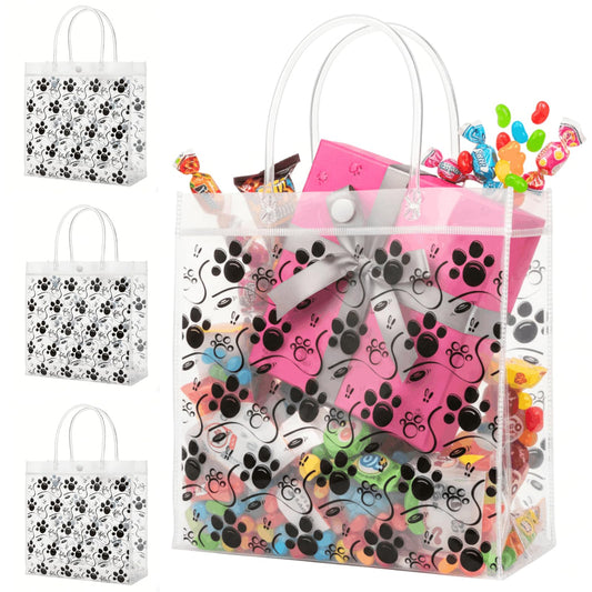 Youeon 30 Pcs Dog Paw Clear Gift Bags with Handles, 8x8x3 Inch Reusable PVC Treat Bags, Transparent Plastic Tote Bags for Pet Party, Birthday, Baby Shower, Candy, Cookie, Easter Favor Gifts