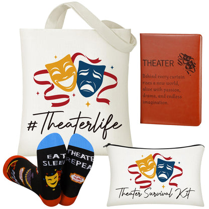 4 Pack Theatre Gift Set for Musical Theater Lovers Canvas Tote Makeup Bag Crew Socks Leather Notebook for Broadway Actors Drama Students Birthday Graduation Gifts