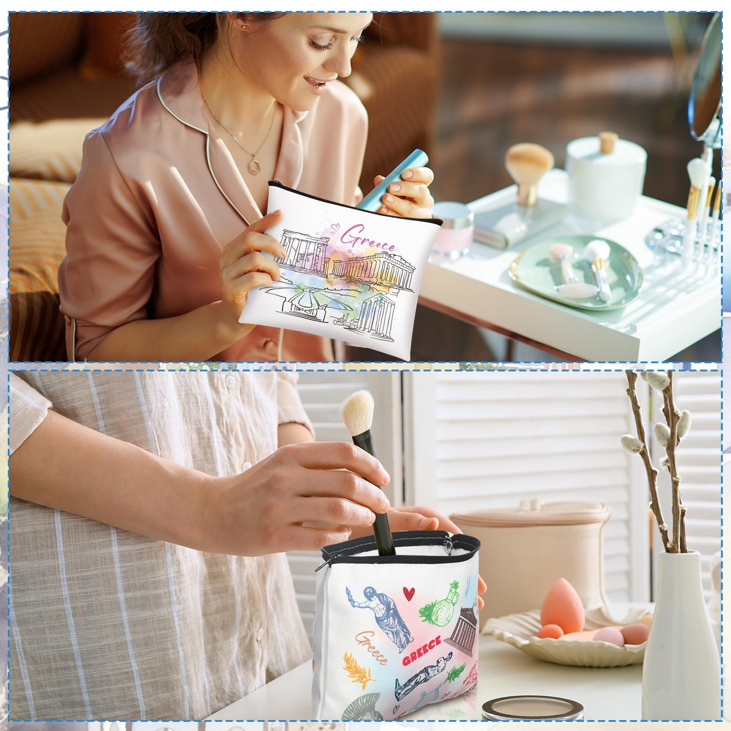 16 Pcs Cosmetic Bag Souvenir Gifts Makeup Bag Travel Vacation Zipper Pouch Purse for Women Birthday Trip Gifts Party Favors(Greece)
