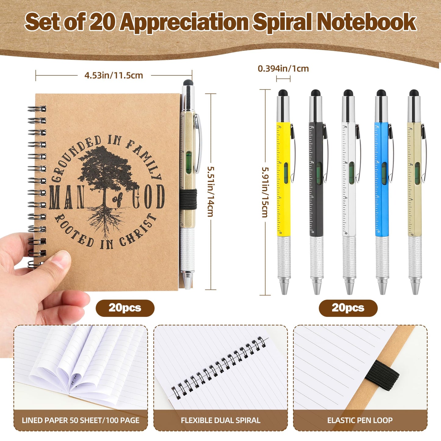 20 Sets Man of God Christian Gifts for Men, Religious Spiral Notebooks with 6 in 1 Multi Tool Pens, Father's Day Birthday Christmas Church Gifts for Coworker Office Staff