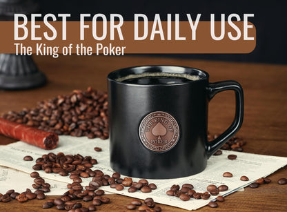 Onebttl Poker Gifts for Men & Women, Funny Poker Gifts for Poker Lovers & Player, Friends, Family, Coworkers, 15 oz Black Ceramic Coffee Mug with a Metal Badge, The King of Poker - Bronze Color Badge