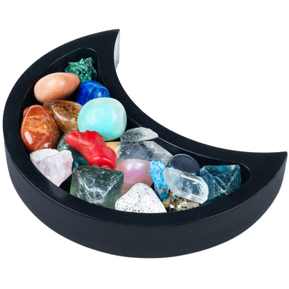 Crescent Moon Tray - Showcase Your Gems, Healing Stones & Treasures - 6"x3" Wooden Crystal Display Tray, Crystal Holder for Stones Display Shelf, Gemstone Rock Holder Charging Bowl, Black, S