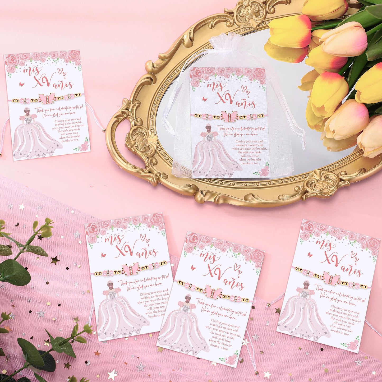 Wenqik 25 Sets Quinceañera Party Favors for Guests – Butterfly Wish Bracelet Set, Sweet 15 Birthday Keepsake Gifts for Girls