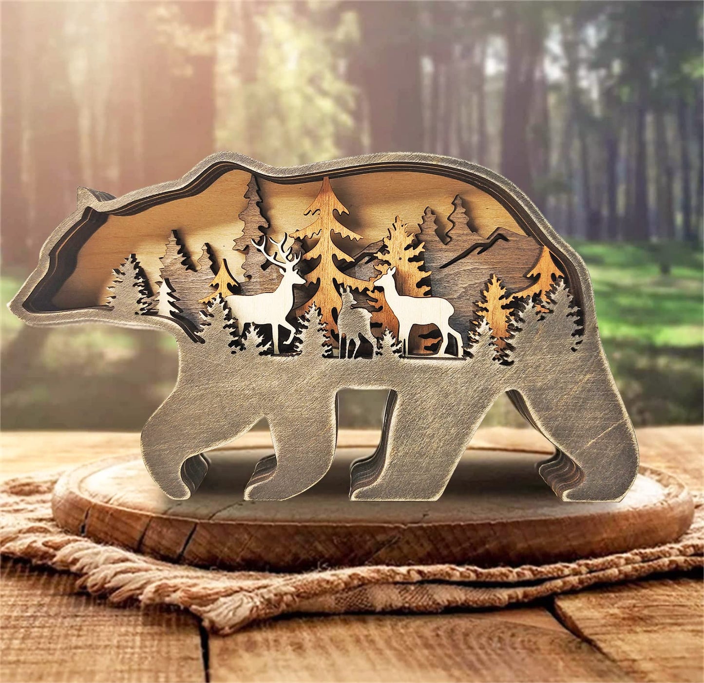 MACLARONX Wood Bear Art Decor Multi-Layer Brown Bear Figurine Rustic Home Shelf Desktop Decorations Creative Wild Animal Cutout Silhouette Crafts