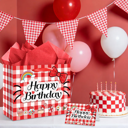 Red Gingham Cat Gift Bag Kawaii Cartoon Birthday Bag with Greeting Card & Tissue Paper - Rainbow Bowknot Cherry Sweet Party Favor Bag for Girls, Kids, Baby Shower, Picnic Party Supplies