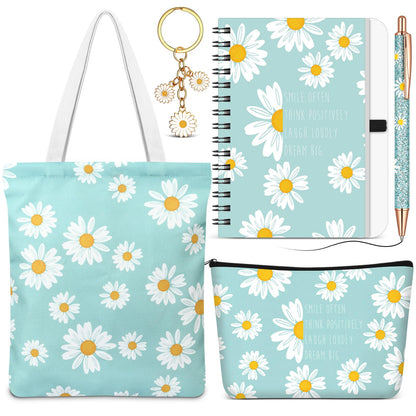 5 Pcs Cute Gifts Set for Women Include Tote Bag Cosmetic Bag Keychain Pen Notebook,Inspiring Gifts for Friendship Birthday Christmas Coworkers Family(Daisy)