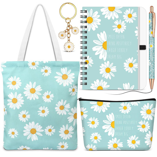 5 Pcs Cute Gifts Set for Women Include Tote Bag Cosmetic Bag Keychain Pen Notebook,Inspiring Gifts for Friendship Birthday Christmas Coworkers Family(Daisy)
