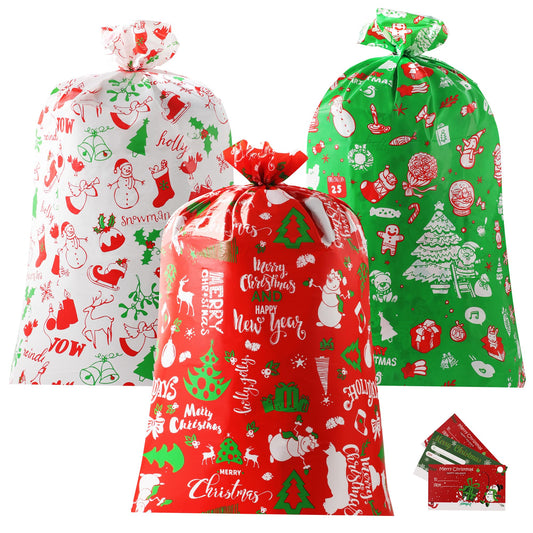 YIGOYIHU 3PCS Extra Large Christmas Gift Bags - 56’’ x 36’’ Jumbo Christmas Gift Bags - Giant Gift Bag for Huge Gifts with Tag & Tie - Heavy Duty Plastic Big Xmas Sack for Holiday Huge Present
