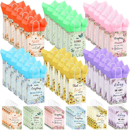 Pasimy 120 Pcs Christian Gift Bags Sets with 60 Religious Floral Bags and 60 Tissue Paper Floral Mother's Day Goody Bag Christian Bible Verse Gift Bag for Women Teacher Mother's Day Birthday Party