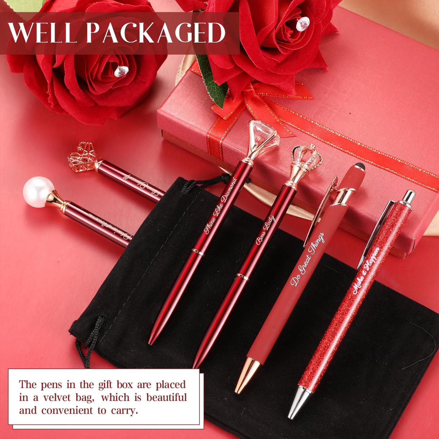 Qeeenar 6 Pcs Fancy Pens for Women Crystal Diamond Pen for Journaling Pretty Glitter Ballpoint with Box Inspirational Gifts for Women Girls College Students Cute Back to School Gifts(Red)