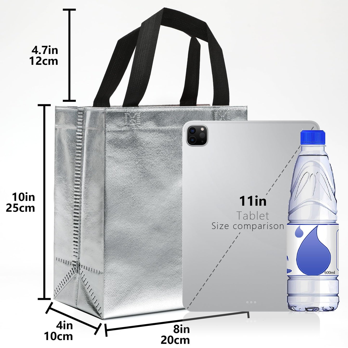 KeerxunBag 12pcs Reusable Gift Bags（Includes Tissue Paper） Gift bag with handle Birthdays Parties Holidays Weddings Medium 10x4x8in silver Gift Bags