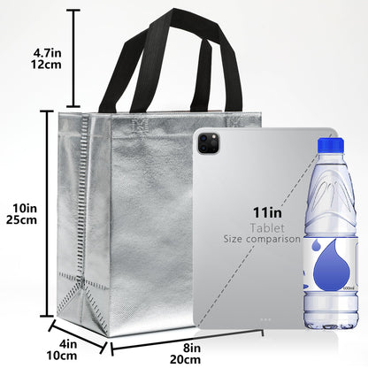 KeerxunBag 12pcs Reusable Gift Bags（Includes Tissue Paper） Gift bag with handle Birthdays Parties Holidays Weddings Medium 10x4x8in silver Gift Bags