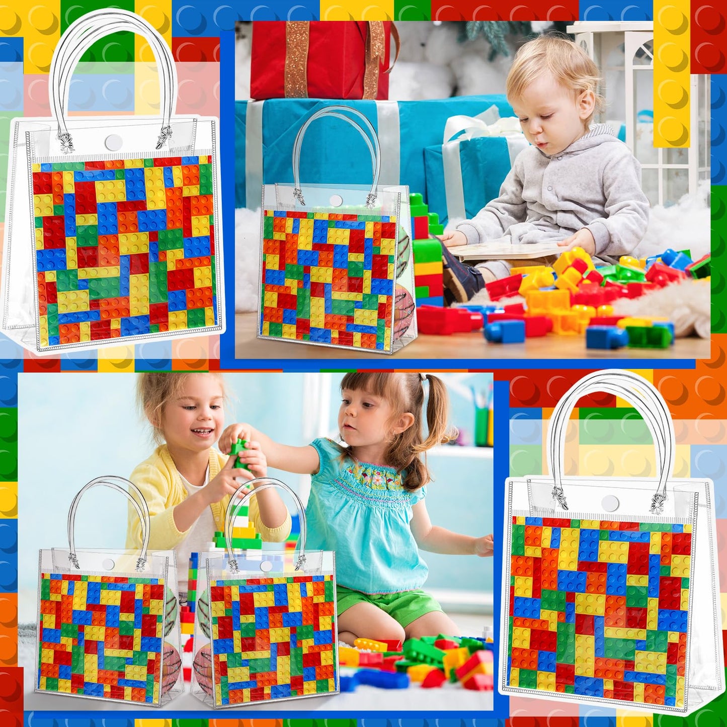 Teenyyou 24 Pcs Building Blocks Party Favors Bags Color Bricks PVC Clear Goodie Candy Treat Tote Gift Bags with Handles Building Blocks Theme Birthday Baby Shower Party Supplies