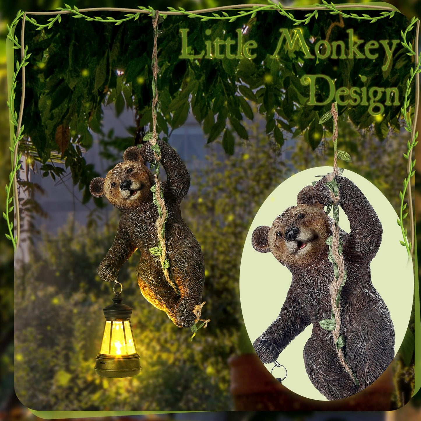 Rossesay 7 Inches Bear Statue Tree Hugger with Solar Light Resin Bear Statue Sign with LED Lantern Waterproof Hanging Figurine with Hook for Christmas Tree Decoration Outdoor Yard Garden (Brown)