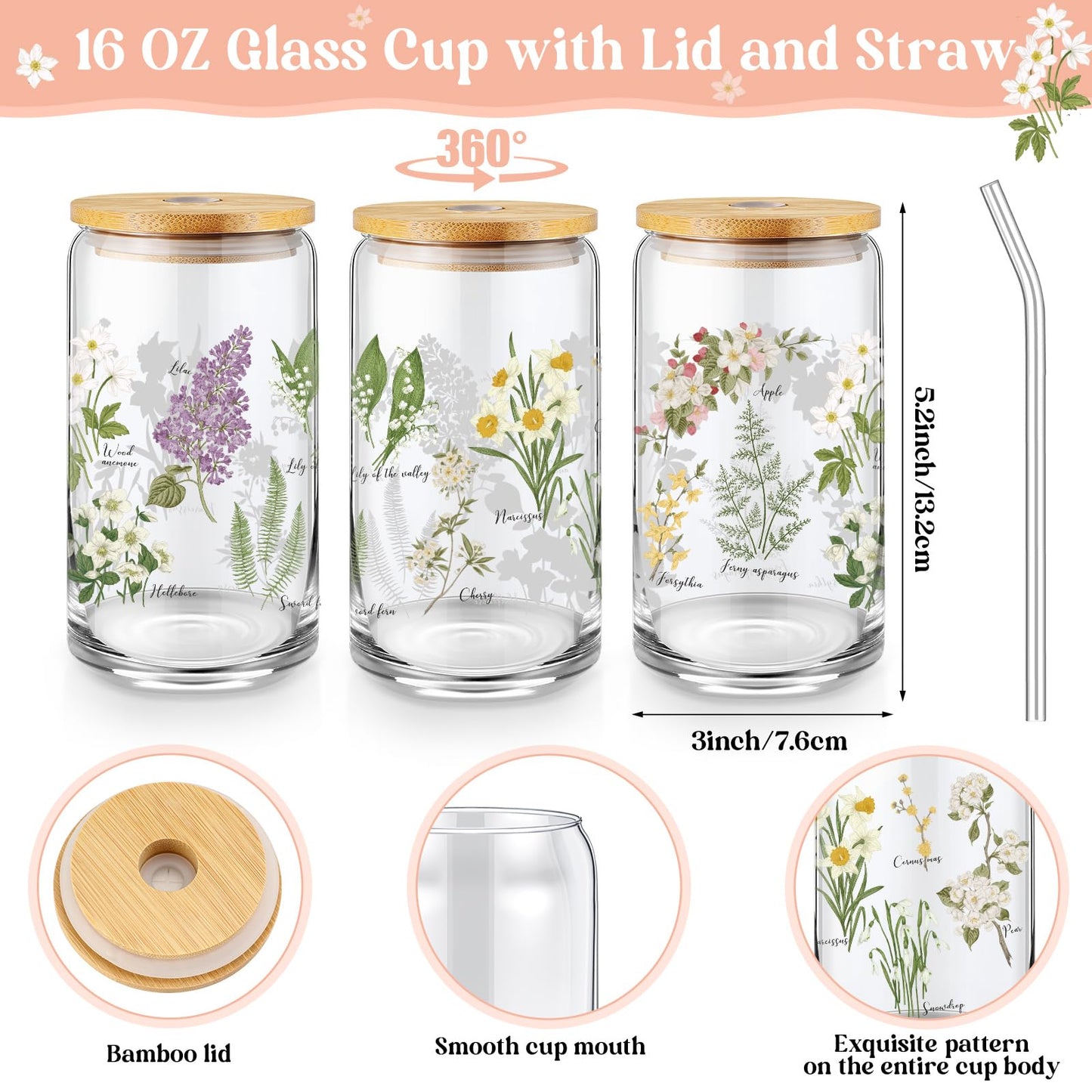 FoldTier 3 Pcs Plant Lover Gift for Women, Spring Aesthetic Gift for End of Year Teacher, Floral Canvas Tote Bag, 16 oz Coffee Cup with Straw Lid, Makeup Bag for Mother Birthday(White,Flower)