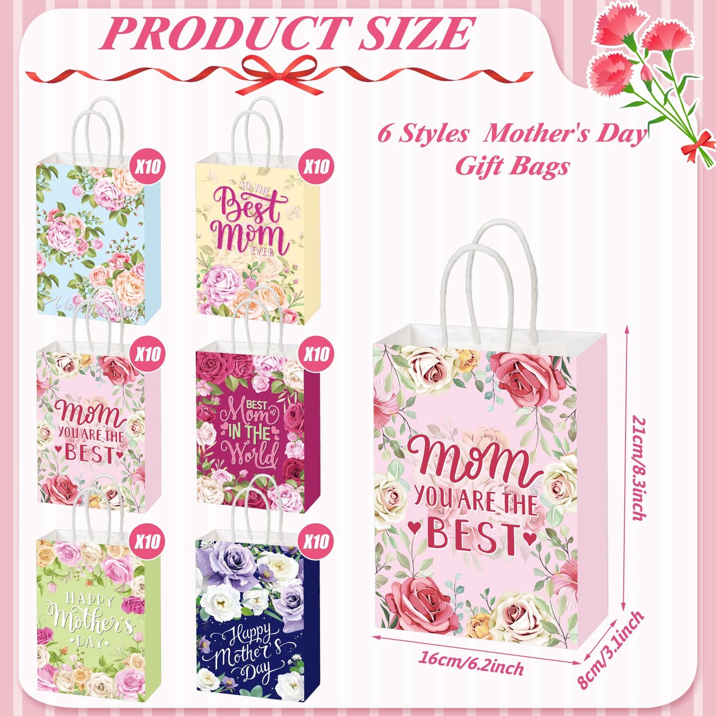 Motiskyy 30 Pcs Mother's Day Gift Bags Bulk with Handle Carnation Gift Bags for the Best Mom Paper Treat Wrap Favors Party Supplies(Best Mom)