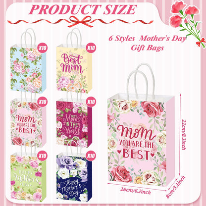 Motiskyy 30 Pcs Mother's Day Gift Bags Bulk with Handle Carnation Gift Bags for the Best Mom Paper Treat Wrap Favors Party Supplies(Best Mom)