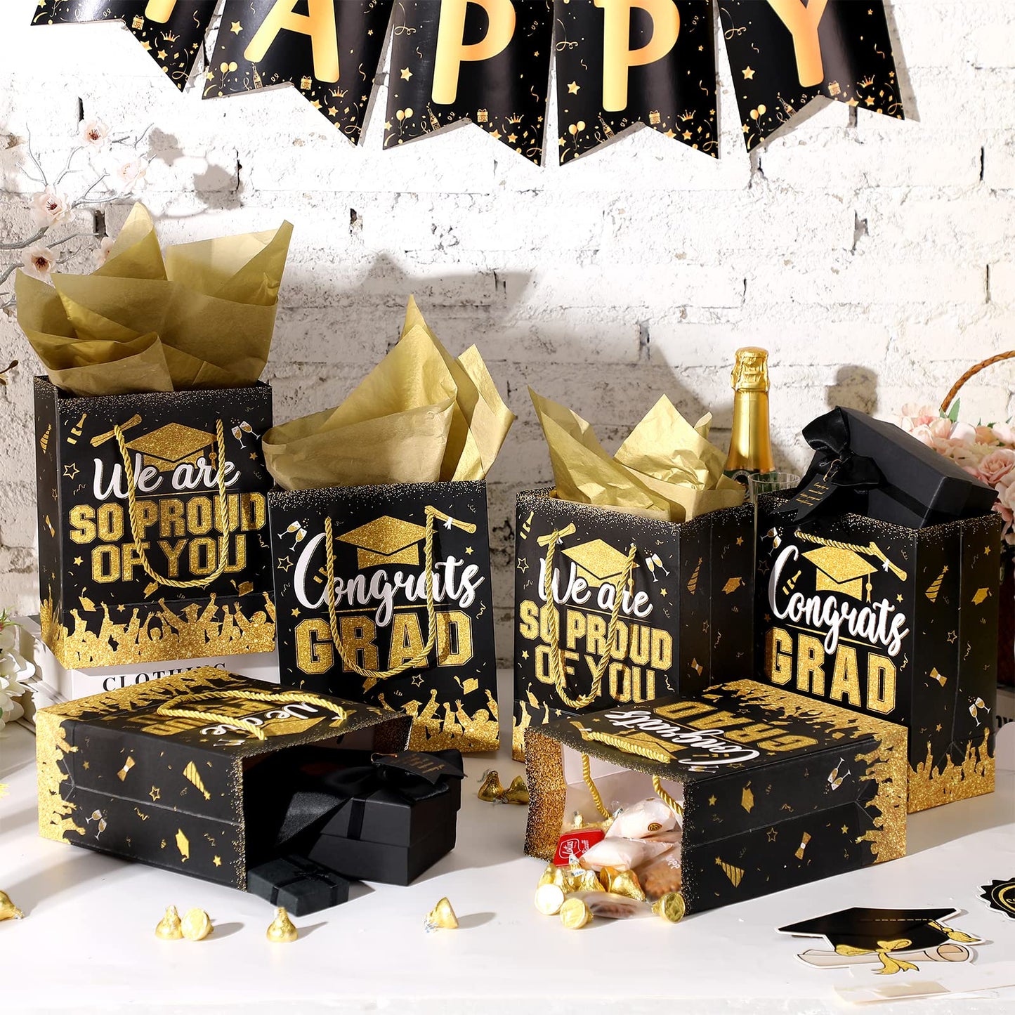 TaoBary 12 Pcs Graduation Gift Bags with Tissue Party Favor Bag Handles Class of 2026 Grad Paper Goodie Bulk for Congrats Supplies(Black Gold)